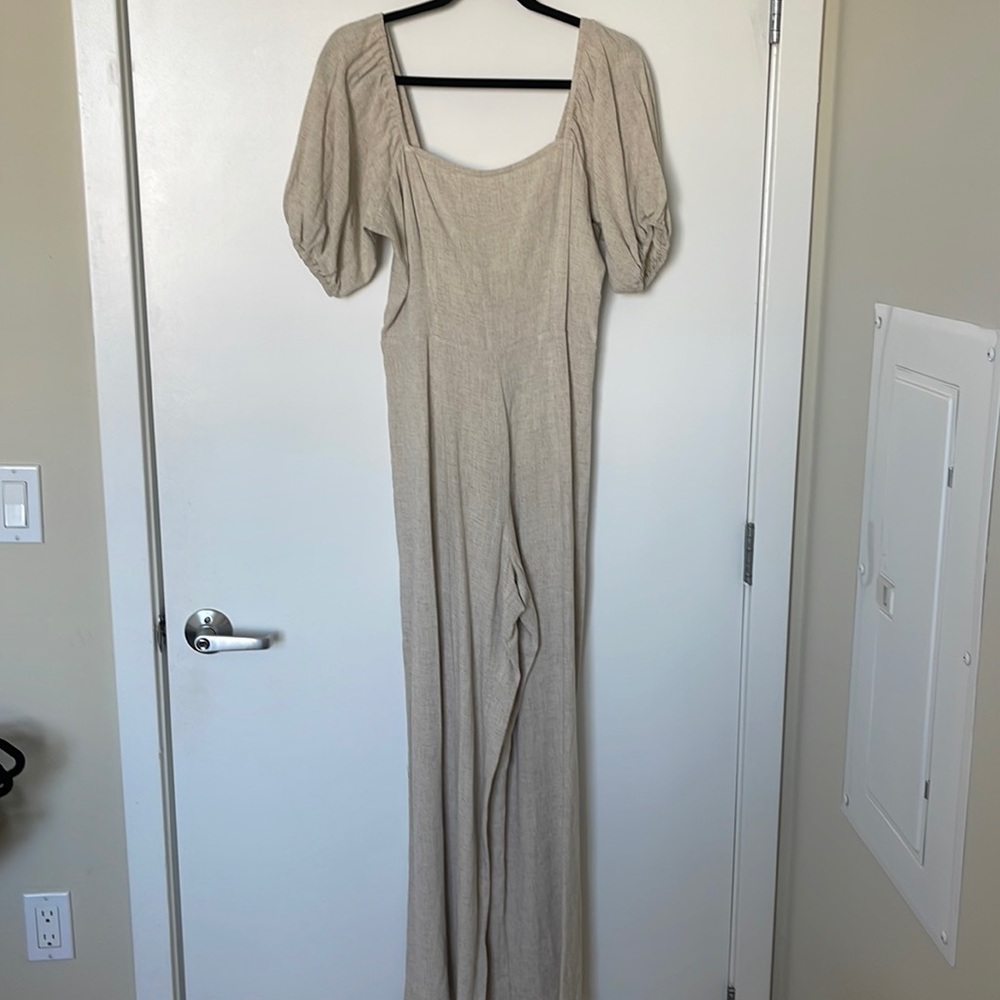 ASOS OATMEAL LINEN BLEND OFF THE SHOULDER JUMPSUIT WITH TIE BACK